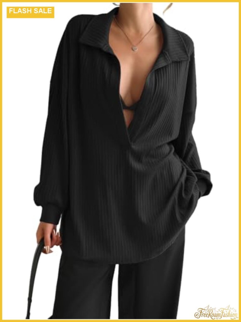 Oversized Deep V Neck Ribbed Knit Long Sleeve Pullover Sweatshirt